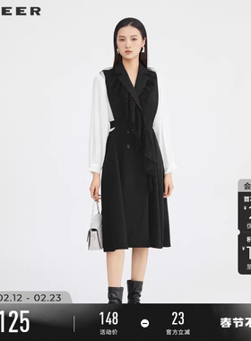 sdeer圣迪奥淑女外套网纱撞色雪纺拼接长款风衣S223Z1821