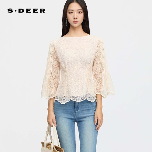 sdeer圆领镂空绣花喇叭袖衬衫