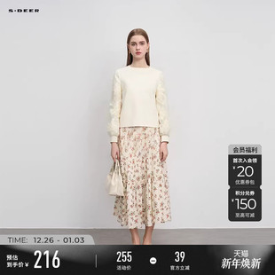 T恤S244Z0203 复古圆领绣花拼接长袖 sdeer圣迪奥秋冬装 女装