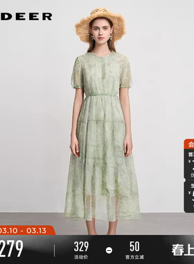 sdeer圣迪奥夏季女装清新圆领网纱收腰泡泡袖连衣裙S242Z12A8
