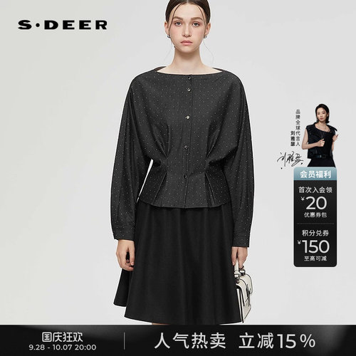 sdeerOL风圆领波点压褶长袖衬衫