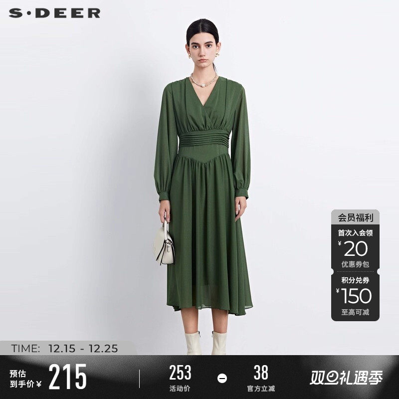 s.deer压褶垂坠雪纺长袖连衣裙