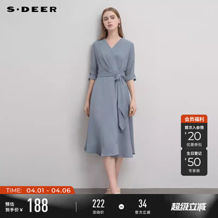 sdeer圣迪奥春秋装 V领压褶收腰不规则雪纺连衣裙S233Z1286 女装