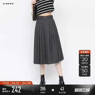 sdeer圣迪奥秋冬季 复古高腰系带百褶毛呢A字伞裙S234Z1104 女装