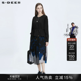 sdeer圣迪奥冬装女装圆领收腰印花网纱假两件黑色连衣裙S20481205