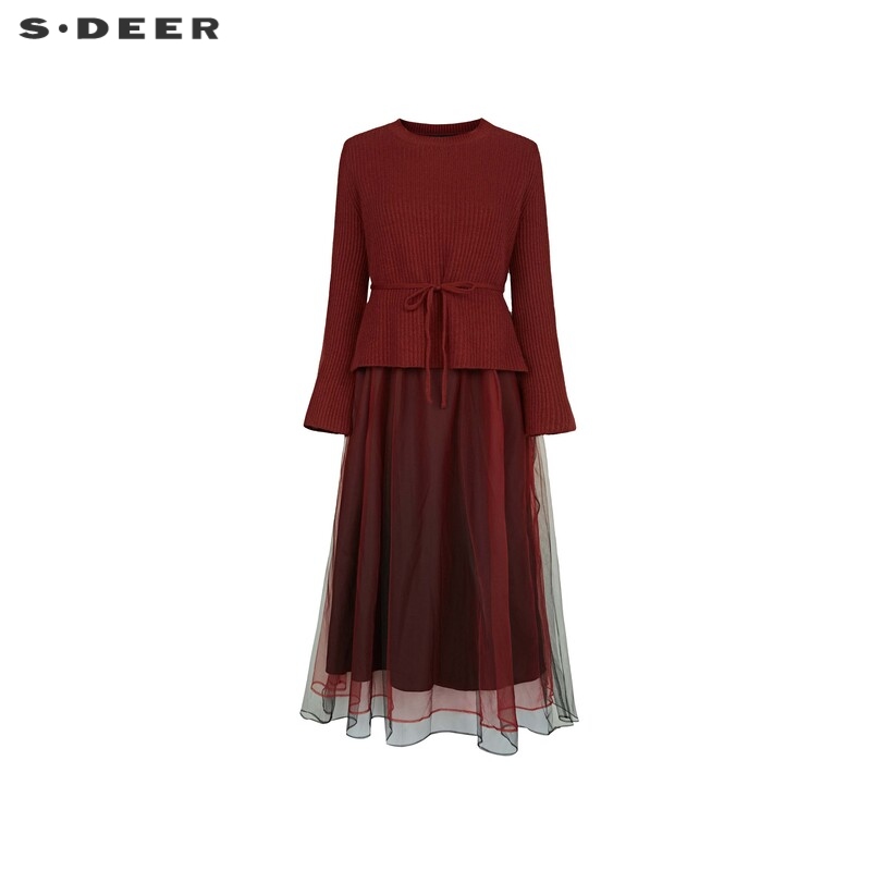 连衣裙套装 圆领收腰 网纱拼接