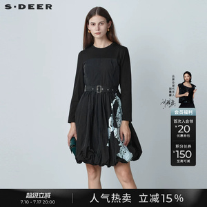 sdeer圣迪奥女装春秋装圆领收腰撞色国风印花连衣裙S221Z1218