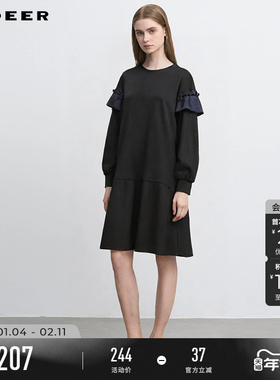 sdeer圣迪奥冬装女装圆领木耳边拼接卫衣连衣裙S244Z1286