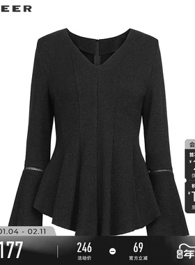 sdeer圣迪奥冬装女装法式V领不规则镂空喇叭袖外套S244Z2211