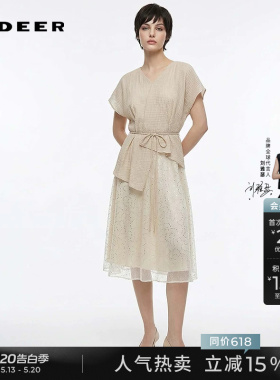 sdeer圣迪奥夏季女装复古V领收腰网纱短袖连衣裙S242Z12D7
