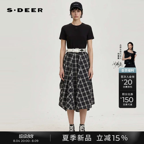 sdeer格纹撞色拼接短袖连衣裙
