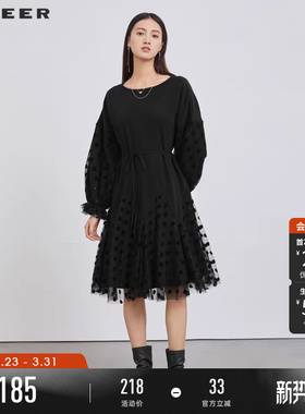 sdeer圣迪奥春秋装女装圆领收腰波点网纱长袖连衣裙S223Z12CV