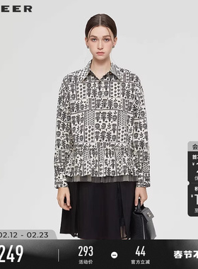 sdeer圣迪奥女装春秋装休闲翻领印花网纱宽松衬衫S253Z0537