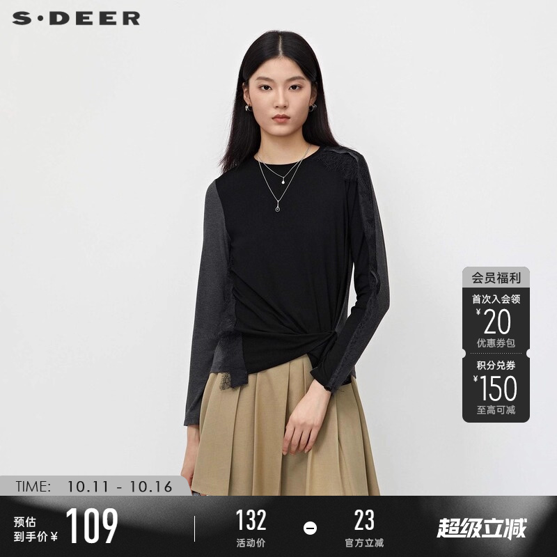 s.deer复古蕾丝不规则长袖T恤