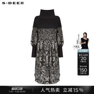sdeer圣迪奥秋装女装高领拼接印花撞色长袖连衣裙S233Z12Q8