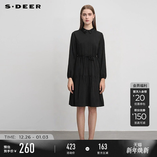 sdeer圣迪奥秋冬装 翻领收腰碎褶撞色印花连衣裙S244Z12A8 女装