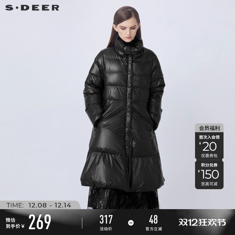 s.deer时尚黑色长款羽绒服
