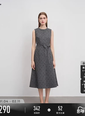 sdeer圣迪奥冬装女装圆领收腰波点毛呢无袖连衣裙S244Z1288