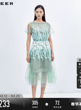 sdeer圣迪奥夏装碎花连衣裙女绣花网纱收腰少女裙子S223Z1236