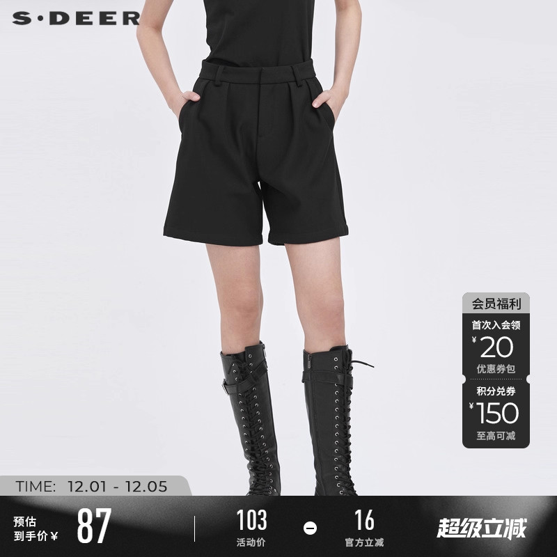 sdeer高腰压褶插袋黑色A字短裤
