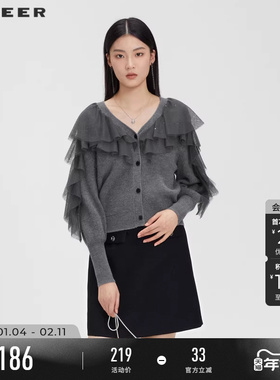 sdeer圣迪奥春装女装慵懒V领网纱灯笼袖开衫针织衫S231Z3504