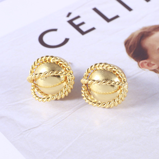 欧美复古宫廷风小众设计麻花纹理链条缠绕立体圆球小金珠耳钉耳饰