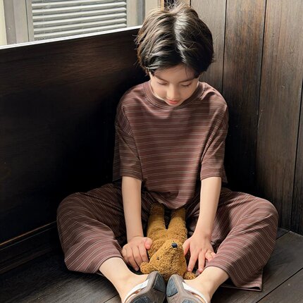 儿童夏季薄款短袖长裤空调服中大童纯棉家居服男童宽松睡衣套装