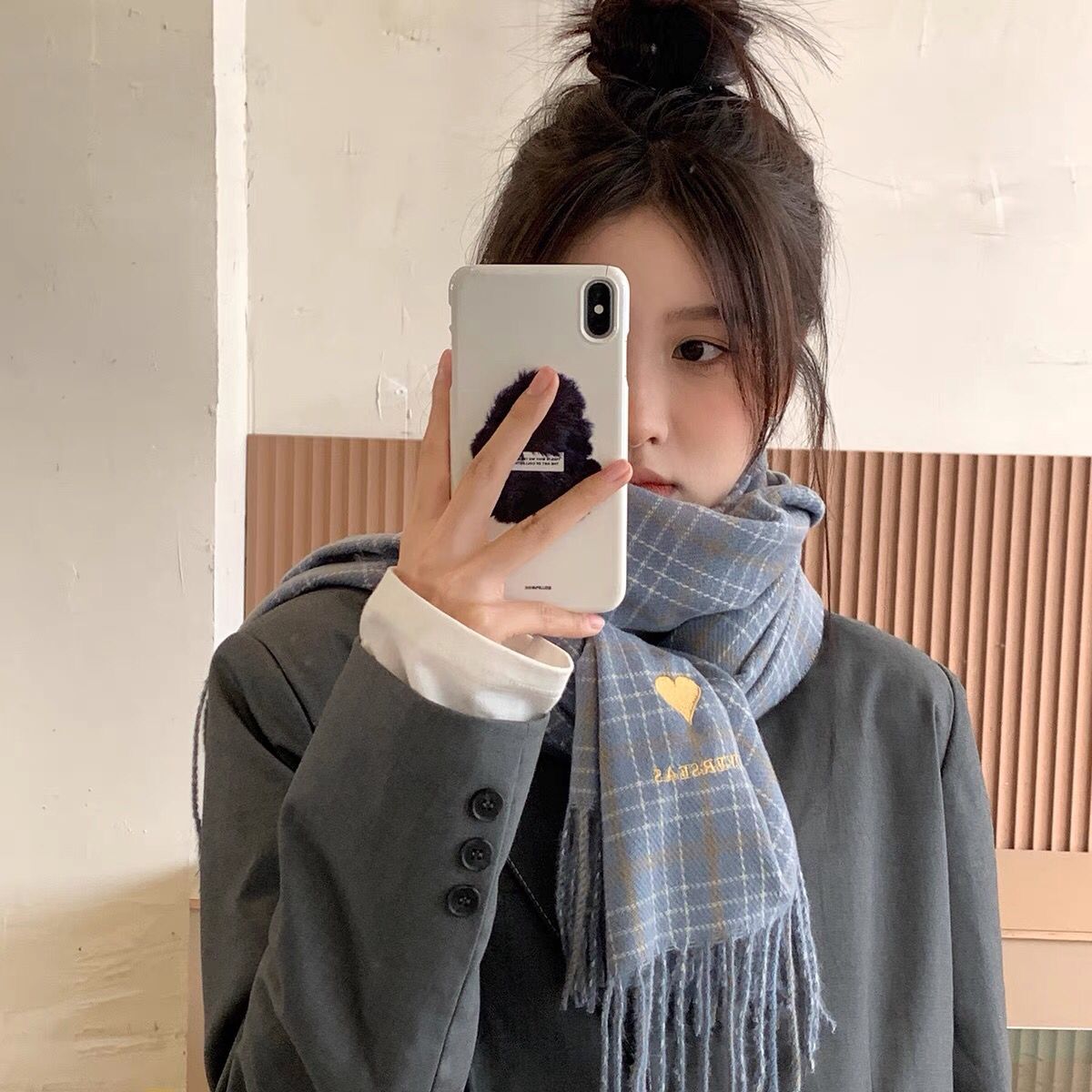 甜美格纹复古围脖韩版学生百搭保围巾/丝巾/披肩