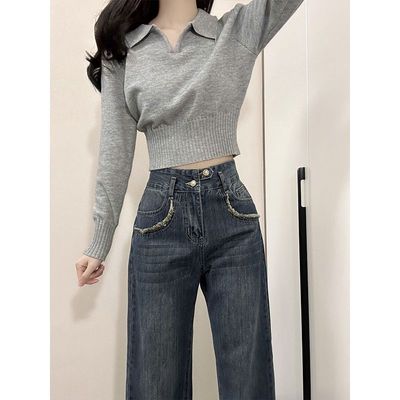 灰色Polo领针织衫女秋冬修身显瘦大衣内搭打底衫毛衣短款洋气上衣