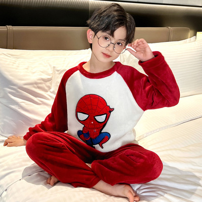 儿童睡衣法兰绒冬季女男珊瑚绒套头中大童男孩家居服套装防辐射