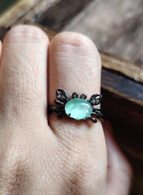 纯天然A货翡翠戒指女款冰晴水小螃蟹925纯银镶嵌活口送女友礼物