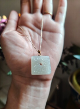 天然原矿和田玉吊坠国标银扣头镶嵌复古方糖吊坠