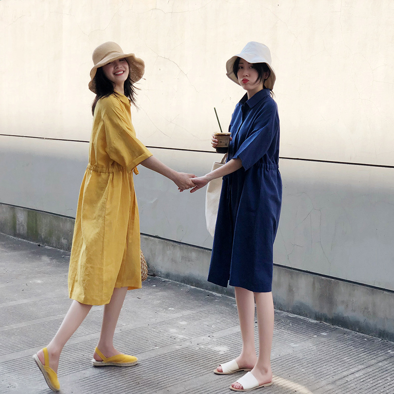 温柔风 韩系chic棉麻系带收腰宽松中长款休闲衬衫裙连衣裙女夏季