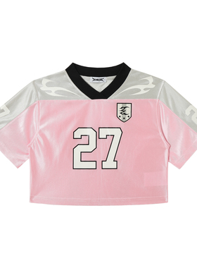 2727WORLD 法老 blockcore少女短款 光泽感拼色球衣T恤  美式复古