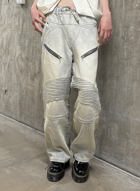 2727WORLD 法老 翼赛风琴褶黄泥染牛仔裤 美式复古街头国潮流休闲