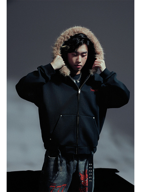 2727WORLD 法老 毛领连帽开衫卫衣 抗静电抗菌复古美式街头国潮流