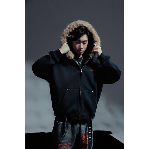 2727WORLD法老毛领连帽开衫