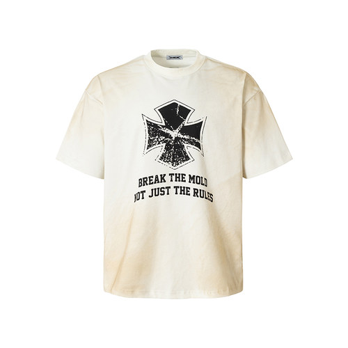 2727WORLD 法老 铁十字喷脏破坏短袖T恤美式复古街头