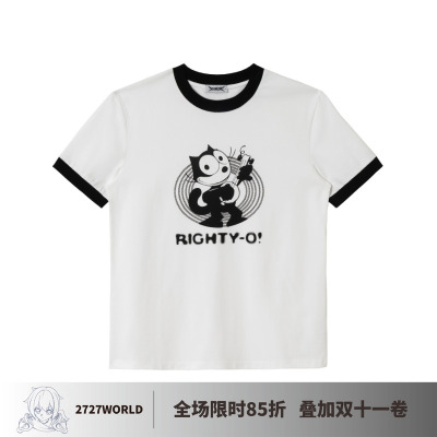 2727WORLD 法老 卡通印花撞黑罗纹短袖T恤国潮美式复古街头
