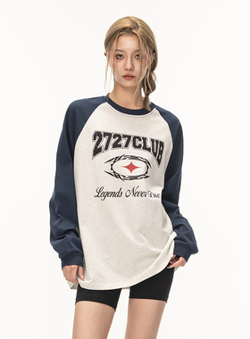 2727WORLD 法老 美式街头撞色插肩长袖T恤打底衫 复古街头国潮流