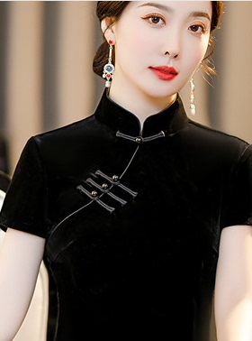 年轻款改良旗袍连衣裙黑色金丝绒性感修身加大码旗袍2025春秋新款