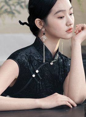 黑色修身复古旗袍长款2024春夏装新款时尚性感开叉礼服主持演出服