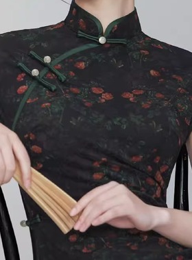 2025古典韵味黑色网纱旗袍修身显瘦改良长款日常生活可穿年轻款夏