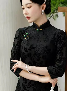 黑色旗袍秋冬新款中长袖修身显瘦复古妈妈装气质新中式连衣裙中年