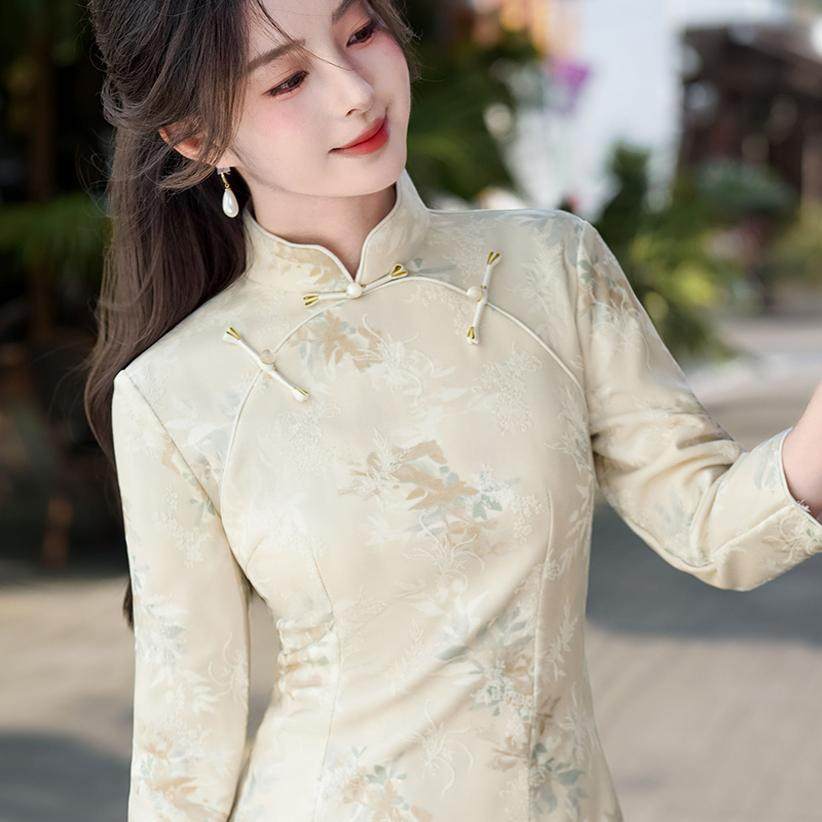 千竹棉双襟改良旗袍中长款2024七分袖秋冬新款淑女气质中式连衣裙