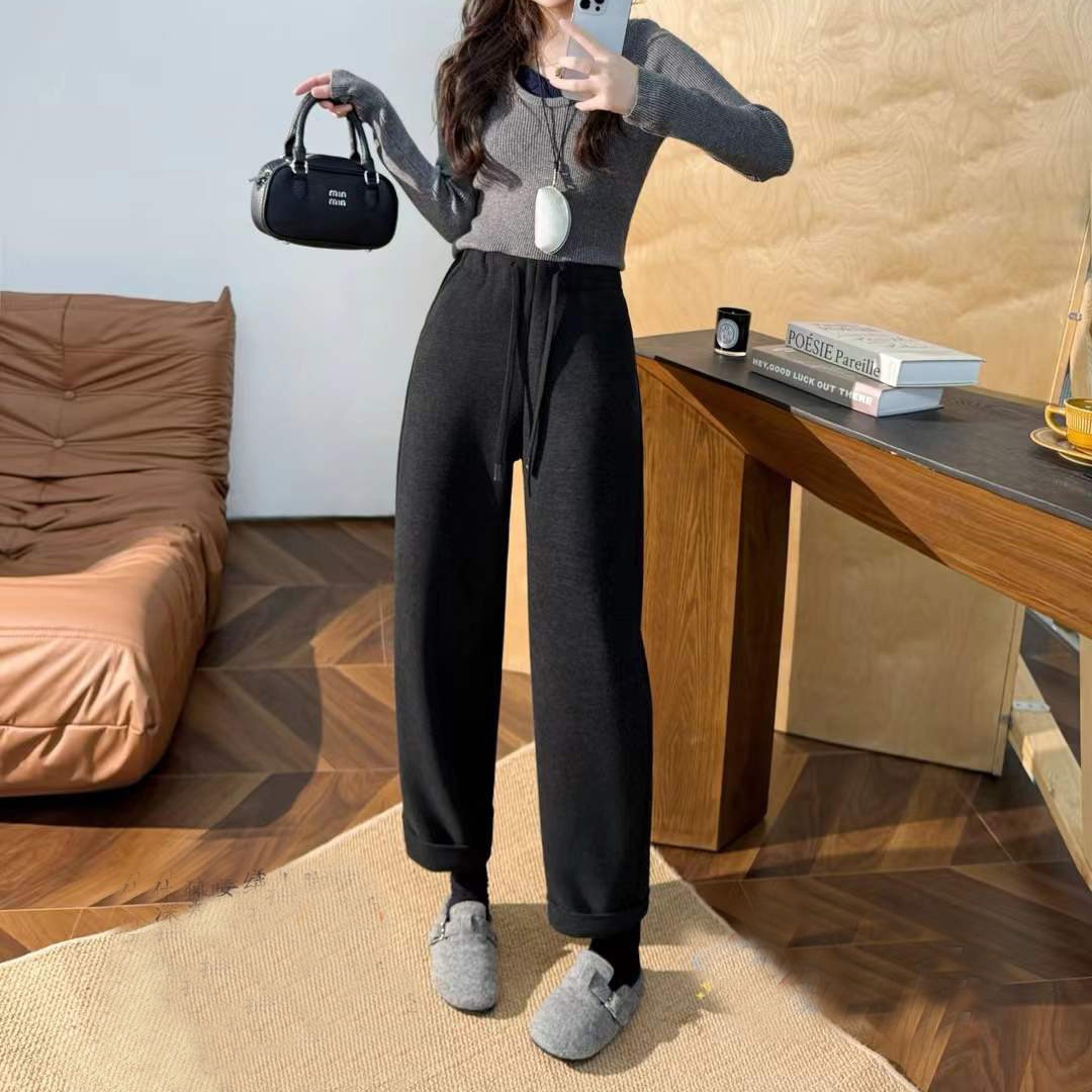 玉丰情丝呢料休闲裤女2025冬款高腰显瘦哈伦裤九分梨形身材镰刀裤