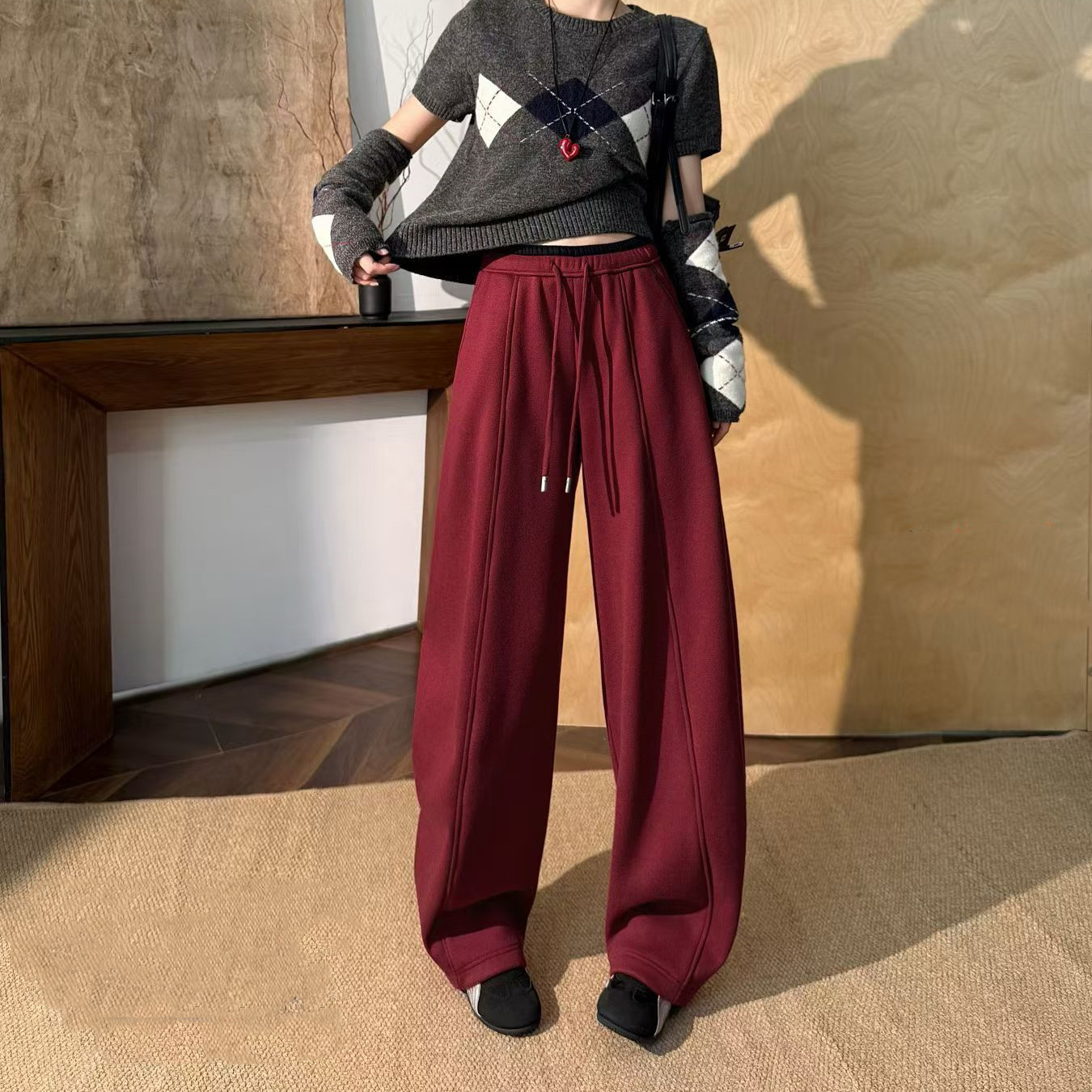 玉丰情丝加绒酒红色休闲裤拖地裤