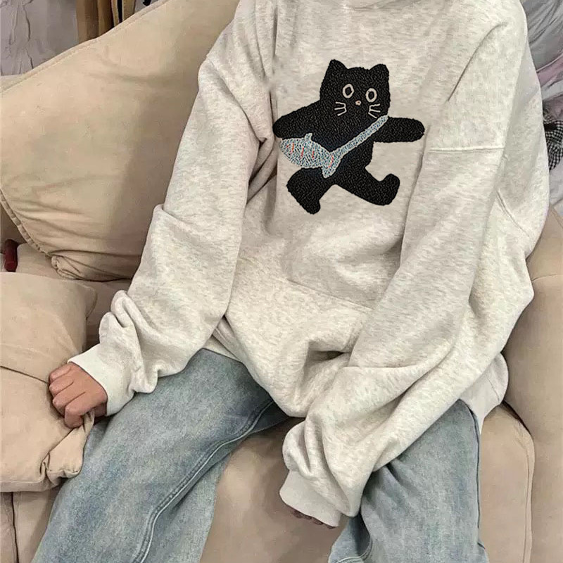 美式复古毛巾绣连帽卫衣女特大码