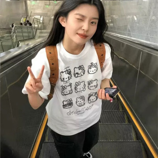 胖MM短袖 大码 T恤女学生oversize潮牌 2025爆款 日系卡通kitty猫夏季