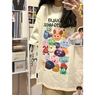 圆领上衣潮 美式 复古小怪兽纯棉特大码 短袖 T恤女潮牌胖MM240斤夏季